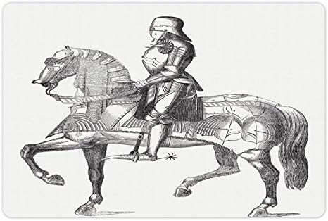 מחצלת חיות מחמד מימי הביניים למזון ומים, איור רטרו וינטג ' של אביר רנסנס בגיל העמידה על הסוס, מלבן מחצלת גומי מונעת
