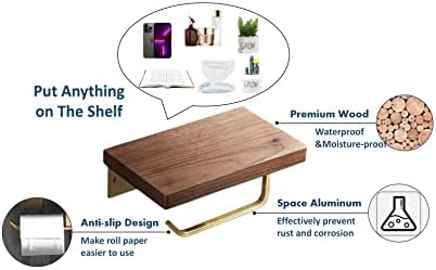 מחזיק גליל שירותים למחזיק נייר טואלט עם מדף, מתקן רקמות אמבטיה רכוב על קיר, עץ ואלומיניום שונלי
