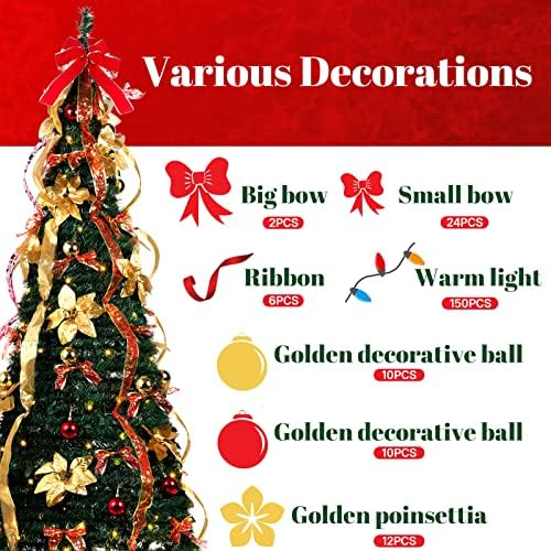 עץ חג המולד מעוצב מראש מעוטר עץ חג מולד קל הרכבה עץ חג המולד עם אורות אדום וזהב מואר מואר עץ חג המולד חג מלא מלאכותי