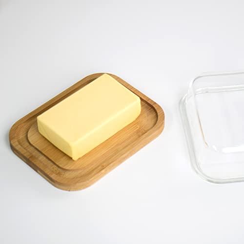 תבשיל חמאת זכוכית Kvmorze עם מכסה לשטח השיש, מיכל מחזיק חמאה למדף דלת מקרר, כוס צלחת חמאה מכוסה, מגש חמאה גדול בארגון