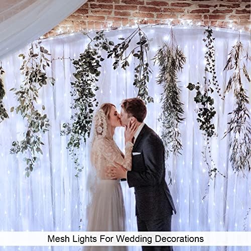 Jmexsuss אורות וילון לבנים ואורות רשת, 8 מצבים עבור שיחים מחברים, אורות מיתר לחג המולד אטומים למים לחתונה תקרה של שיחים