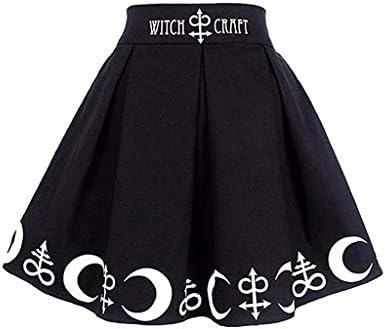 חצאית שחורה לנשים סגנון גותי כישוף ירח הדפס קפלים חצאיות מיני קפלים