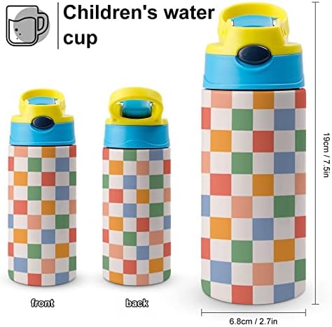 בקבוק מים לילדים, בקבוק מים מבודד צבעוני משובץ רטרו נירוסטה עם קש, קל פתוח ונקי חסין דליפות 17 עוז / 500 מיליליטר, אידיאלי לנסיעות