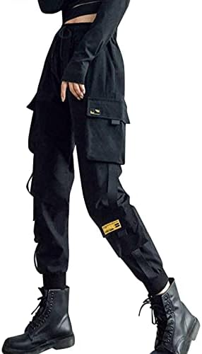 מכנסי מטען של NREAYLY מכנסי מטען שחור רוכסן רב כיס מכנסי מטען מזדמנים