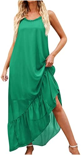 שמלת קיץ של Fehlegd לנשים קלע פרוע ללא שרוולים שמלות ארוכות אופנה צבע אחיד רופף חוף מקסי שמלת שמלת