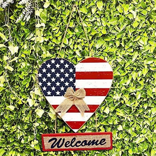 גפלום תלוי לב עץ עם שלט קבלת פנים קישוט קיר פטריוטי, דלת הכניסה האמריקאית כפרית דלת כניסה זרים חיצוניים פנימיים 4 ביולי