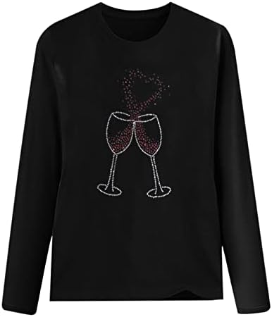 צוואר צוואר עגול של יום האהבה לנשים וינטג 'וינטג' ייחודי כוס יין מודפסים חולצות עם שרוולים ארוכים חולצות סוודר כותנה
