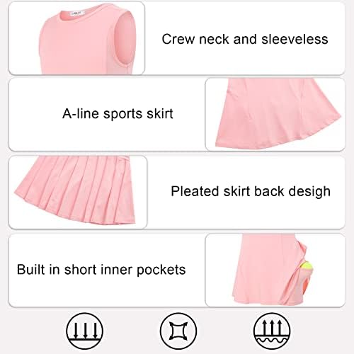 ערכת חצאית קפלים של ליונג'י בנות ללא שרוולים עם שרוולים עם מכנסיים קצרים מובנים-שמלת גולף טניס תלבושת ספורט סולידית 3-12