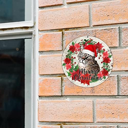 שלט קבלת פנים Decstic חג מולד שמח עגול מתכת שלטי פח כובע חג המולד חתול שלט זרים שלט שלום שלום קיר חורף שלט אמנות