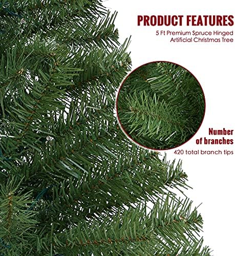 WBHOME 5ft Premium Spruce Hinged Mardictial Artificial, 420 טיפים לסניפים, לא מואר, ירוק,