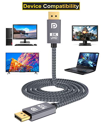 BaseSailor 8K 60Hz DisplayPort כבל 6.6ft 2p, DP 1.4 חוט מהירות גבוהה במיוחד זכר למחשב נייד/מחשב/טלוויזיה/צג משחק, תומך ברוחב