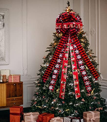 עץ חג המולד טופר קישוטים קשת - קשת באפלו משובצת אדומה גדולה עם פתיתי שלג לפסטיבל עץ חג המולד פסטיבל חג מפלגת חג.