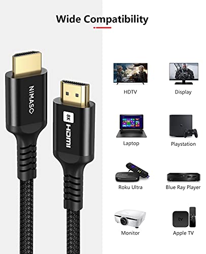 NIMASO 8K HDMI 2.1 כבל 6.6ft 48Gbps, אולטרה במהירות גבוהה HDMI כבל כבל קלוע 4K@120Hz 8K@60Hz, EARC, HDCP 2.2 ו- 2.3,
