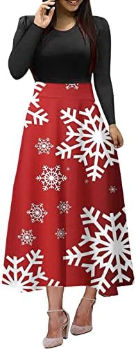נשים של חג המולד הדפסת בציר פנל שמלה עגול צוואר ארוך שרוולים גדול גודל ארוך שמלות שמלה