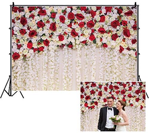 פרחים ורדים לבנים אדומים תפאורת צילום קיר, ילה 10x6.5ft מקלחת חתונה רקע, רקע יום נישואין מקלחת כלה קבלת פנים לחתונה