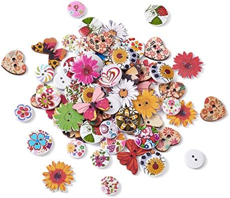 Craftdady 300 יחידות פרחים מעורבים צביעת פרחים כפתור עץ 2 חורים עגול חיננית פרפר לב דקורטיבי כפתור מלאכה עץ קישוט לתפירה