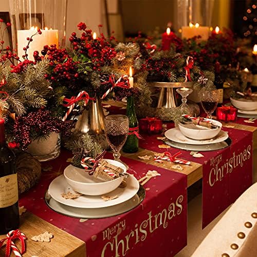 רצי שולחן לילמה עץ חג המולד שמח, רץ לחתונה/קפה, בד פשתן בסגנון בית חווה למסיבת חג אוכל תפאורה חיצונית מקורה,