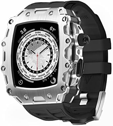 ערכת שינוי Kanuz לסדרת Apple Watch 8 45 ממ לוחית מתכת+רצועת גומי לסדרת IWatch 6 SE 5 4 44 ממ כיסוי מוד