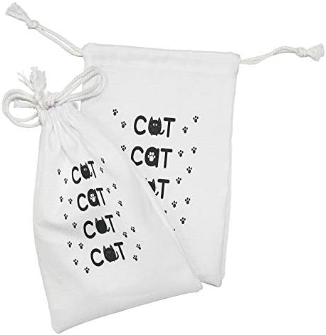 סט כיס בדים של אמבסון קיטי סט של 2, טקסט חתול מתוך חתולים בצורת עגולים עם הדפסי כפה קטנים בשחור לבן, שקית משיכה קטנה