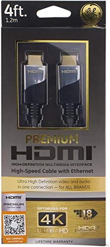 GE HDMI כבל, 4 רגל, מלא HD 1080P 4K 60Hz, HDMI 2.0, 18 ג'יגה-ביט לשנייה, עם אתרנט, טווח דינמי גבוה, לטלוויזיה חכמה HD, PS4,