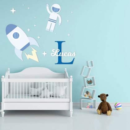 שם מותאם אישית ואסטרונאוט ראשוני מככבים רקטת חלל - מדבקות קיר משתלת לקישוטים לחדר תינוקות - מדבקה מדבקות קיר קיר לחדר