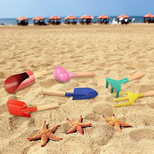 חוף צעצועים לילדים, 6 יחידות 8 חול צעצועי סט מתכת גן כלים עם חסון עץ ידית, גינון ציוד צילינדר, כפית, מזלג, מגרפה, שטוח