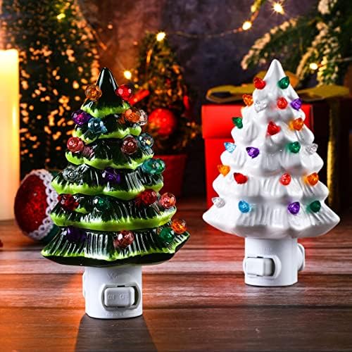 Macarrie 2 חתיכות עץ חג המולד לילה בהיר קלון וירוק אורות בועה דקורטיביים קרמיקה אורות עץ חג המולד רטרו קישוטי