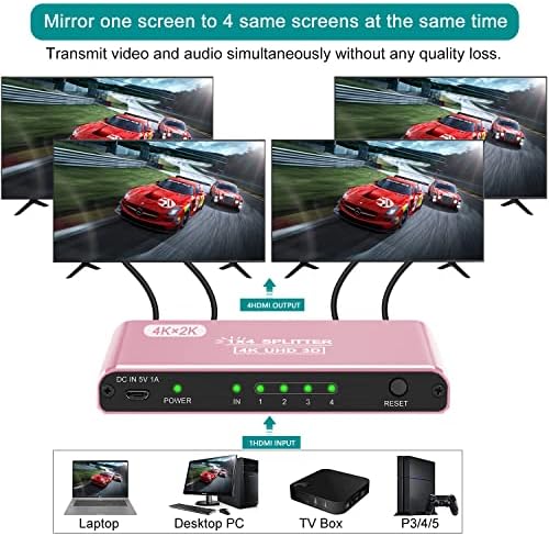 Movcle HDMI Splitter 1 ב -4 OUT, מפצל HDMI 4K למסכים/מראה כפולים, תומך 4KX2K@30Hz 3D מלא HD 1080p עבור Xbox PS4 Blu-ray