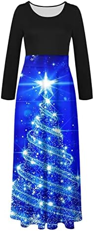 שמלות חג המולד של Sunaei לנשים 2023 שמלות ארוכות מתנדנדות טלאים אימפריה מותניים מותניים עץ חג המולד הדפס שמלת