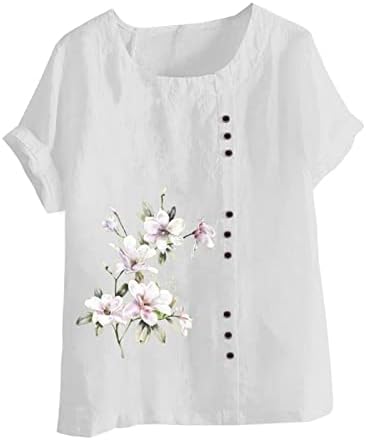 חולצת חולצה לנשים שרוול קצר פשתן כותנה כותנה כפתור צוואר כלפי מעלה גרפי פרחוני בראנץ 'גדול