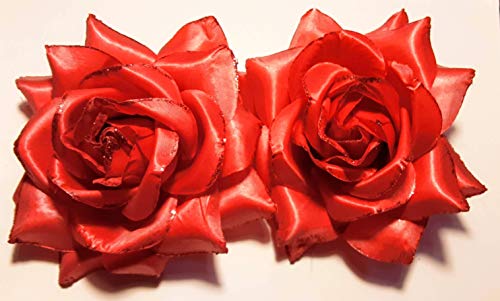 זוג קטעי פרחי שיער ורד נצנצים אדומים בגודל 4 אינץ 'עם סיכה - נמכרים כסט של שניים.