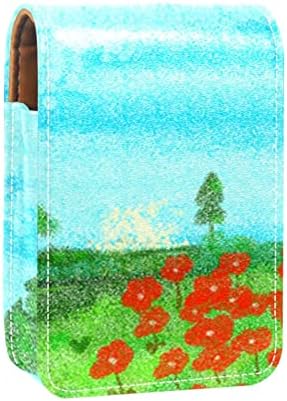 שפתון מקרה עם מראה חמוד נייד איפור תיק קוסמטי פאוץ, שדי שמן ציור אביב שדה אדום פרח