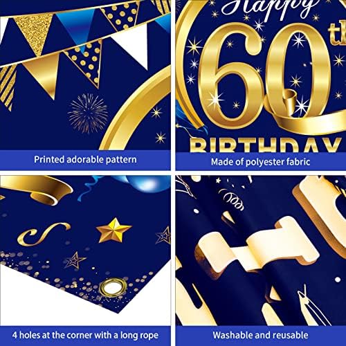 קישוטים של באנר ליום הולדת שמח כחול לגברים, ציוד למסיבות תפאורת יום הולדת זהב כחול, עיצוב שלט רקע ליום הולדת