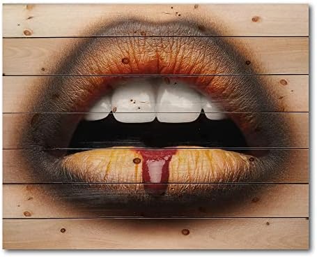 עיצוב שפתיים נשיות עם שפתון שחור וכתום עיצוב קיר עץ מודרני ועכשווי, אמנות קיר עץ כתום, אנשים גדולים לוחות קיר מעץ מודפסים