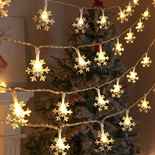 אורות חג מולד, אורות מיתר של פתית שלג המופעלת על סוללה, 20 רגל 40 LED אורות פיות אטומים למים לחדר שינה חדר פטיו מסיבה בית