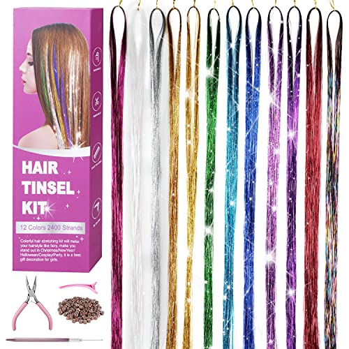 2400 גדילים 12 מעורב צבעים טינסל שיער הרחבות עם כלי 47 גליטר פיות שיער טינסל חום ההתנגד לנשים, בנות שיער אביזרי עבור