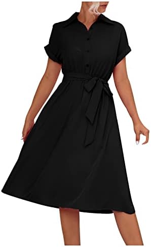נשים כפתור למטה חולצה שמלה קצר שרוול חגור מוצק רזה בכושר אונליין מידי שמלות קיץ מזדמן עבודה משרד שמלה