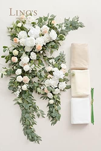 הרגע של לינג מרווה לבנה פרחי קשת ירוקה עם ערכת וילונות - 2 יחידות פרחים פרחוניים מלאכותיים עם 3 יחידות 33ft בד טיפה של טקס
