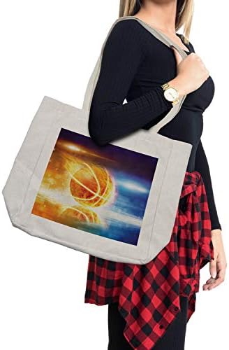 תיק קניות בכדורסל של אמבסון, רקע ספורט מופשט בוער כדורסל עם הדפס אמנות השתקפות דיגיטלית, תיק לשימוש חוזר