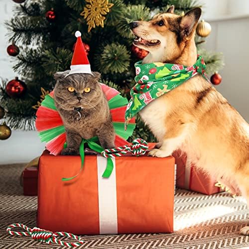 5 חלקים סט תלבושות של כלב חג המולד, כלול כובע חיות מחמד מתכוונן לחג המולד, חצאית טוטו אדומה וירוקה, בנדנה כלבים,