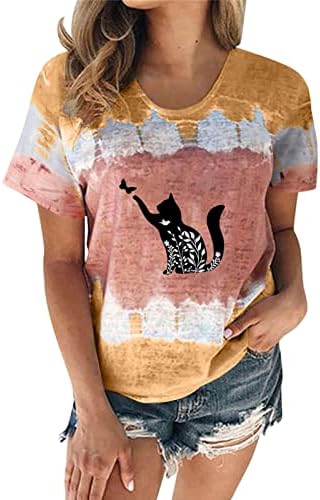 חולצת טי עניבה על חולצת נשים חתול חיה גרפית צמרות 2023 חולצת טריקו של שרוול קצר של צוואר עגול בקיץ לבנות נוער