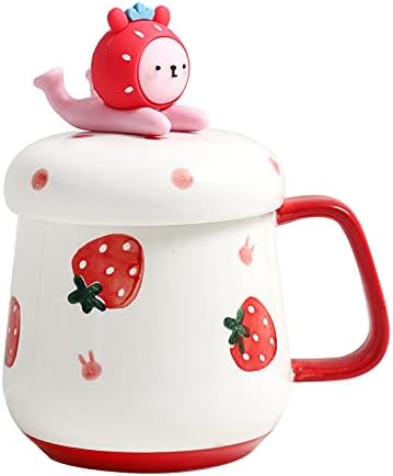 ספל תות של Seelucky עם מכסה כפית 3d קרמיקה חמודה כוס תה כוס זוג ספל סט מתנה ליום הולדת נשים אוהבות חברות