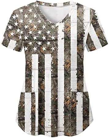 4 ביולי חולצות לנשים דגל אמריקאי קיץ שרוול קצר חולצת טי עם 2 כיסים בגדי עבודה מזדמנים לחג מצחיק