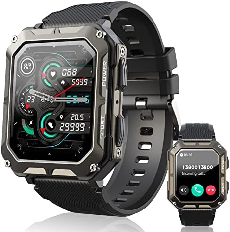 ויראן צבאי חכם שעון חכם לגברים, שעון חכם מחוספס של IP68 אטום למים עם Bluetooth Call 1.83 HD Tactical Outdoor Tracker 123