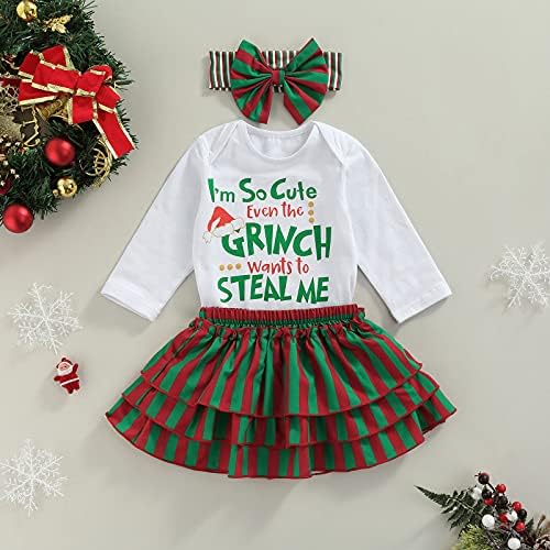 תינוקת פעוט תינוקת תלבושת חג המולד תלבושת שרוול ארוך סרבל רומפר עם חצאית טוטו פס 2 יחידים סט בגדים