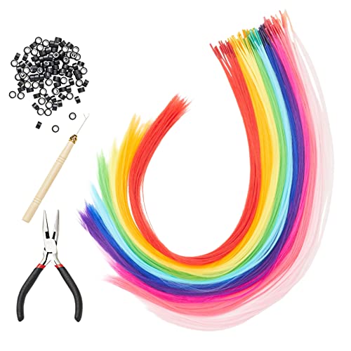 תוספות שיער צבעוניות לילדים, חרוזים להארכת שיער, גדילים סינתטיים של 100 יחידות ב-10 צבעי קשת, כוללים כלים ומיקרו