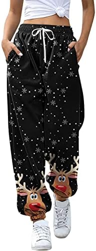 מכנסי טרנינג לחג המולד נשים עם כיסים כותנה רחבה מותניים אלסטיים סינץ
