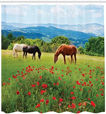 וילון מקלחת של סוסי אמבסון, סוגים שונים של סוסים אוכלים דשא בשדה נוף הרים הדפס סצנה כפרית, עיצוב אמבטיה בד