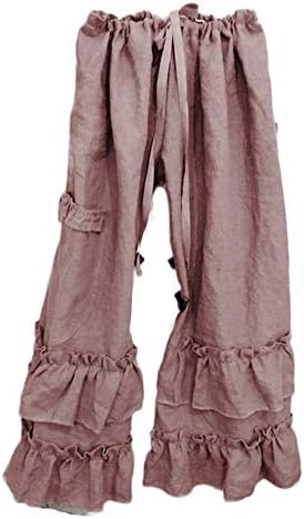 נשים מקרית פרע רופף כיס מכנסיים בתוספת גודל כותנה פשתן קפלי מכנסיים רחב רגל מוצק צבע מכפלת אלסטי מותן מכנסיים