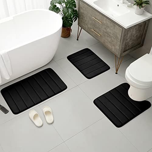 בועלים שטיח אמבטיה של קצף זיכרון שחור סט שטיח 3 חלקים ללא החלקה סופגים סופגים מחצלות אמבטיה ומערכות שטיחים, ערכות